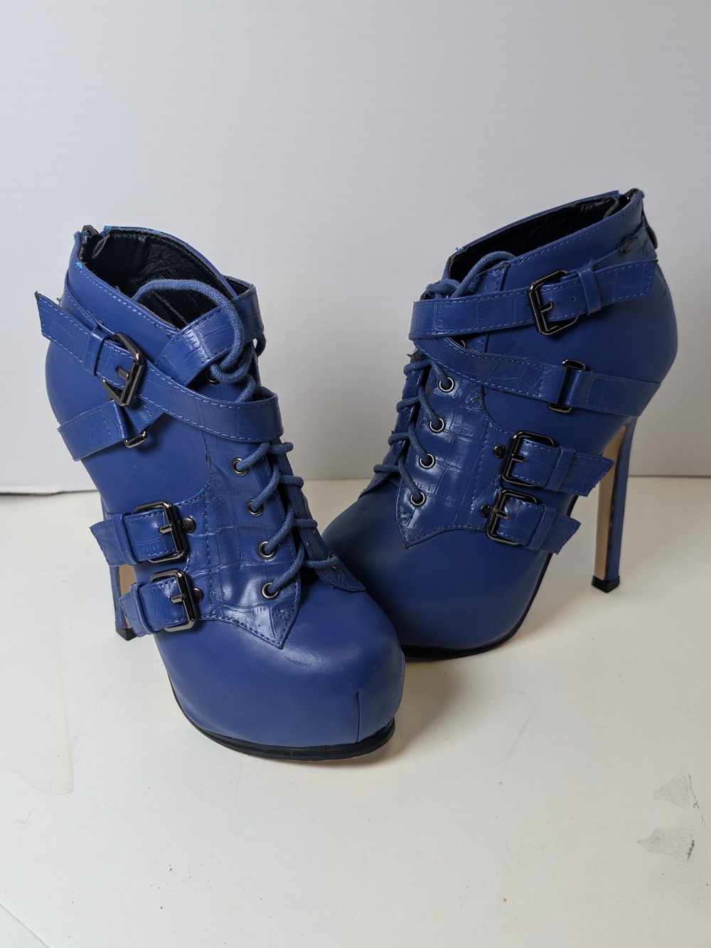 Shoe Dazzle Royal Blue Lace-Up Buckle Stiletto Ankle Boots